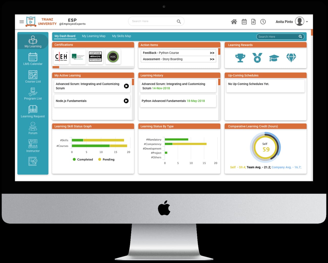 LMS dashboard experience showing learning progress, action items, rewards, and schedules